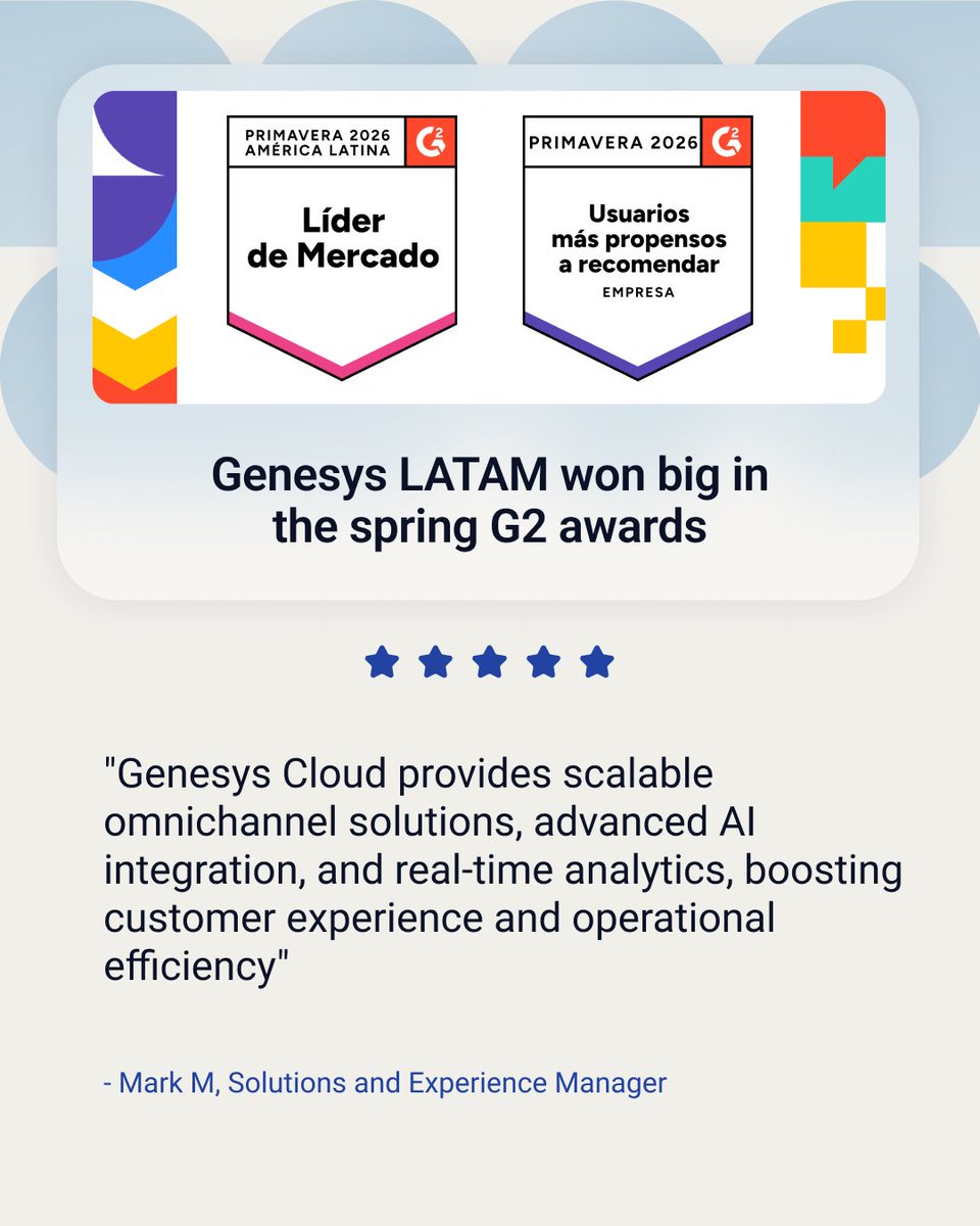 Orgulho para a Genesys na LATAM. Conquistamos 4 selos de Líder nos relatórios Spring da G2, nos segmentos enterprise e geral — abrangendo contact center, live chat e chatbots.
