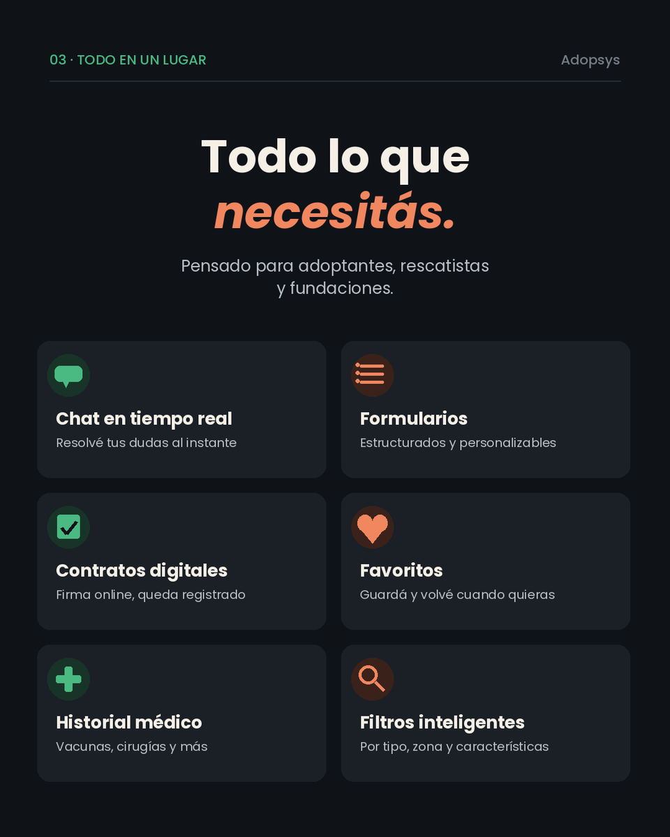 adopsys's tweet photo. 🐾 Adoptar no debería ser complicado.
Perfiles con historial médico, chat en tiempo real, contratos digitales y seguimiento post-adopción.

Todo en un solo lugar. 100% gratis.

https://t.co/vs25KziisJ https://t.co/j0kmvAXa8Y