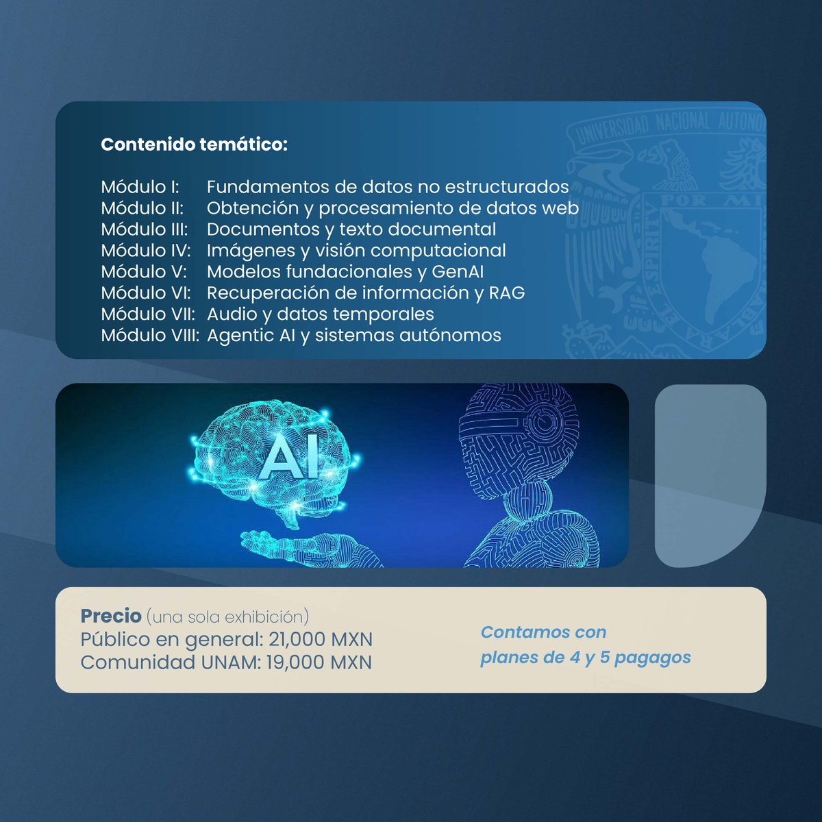 DECIENESUNAM's tweet photo. 🚀 Domina la Inteligencia Artificial Generativa desde cero hasta nivel avanzado

¿Quieres aprender a trabajar con modelos de IA como los LLM, procesar datos reales y construir soluciones aplicables en tu campo profesional?

Con el diplomado en línea de la UNAM:
“Inteligencia Artificial Generativa: Creación y modificación de modelos LLM” aprenderás a:

✅ Diseñar pipelines inteligentes con datos reales
✅ Integrar texto, imágenes, audio y datos estructurados
✅ Implementar modelos de IA generativa en casos reales
✅ Construir sistemas con RAG, agentes y modelos multimodales

📊 Ideal para perfiles en ingeniería, economía, administración y ciencia de datos con conocimientos en Python

💻 Modalidad en línea | Inicio: 22 de mayo de 2026
🔗 Consulta toda la información y regístrate aquí: https://t.co/3FPqCuLt3s