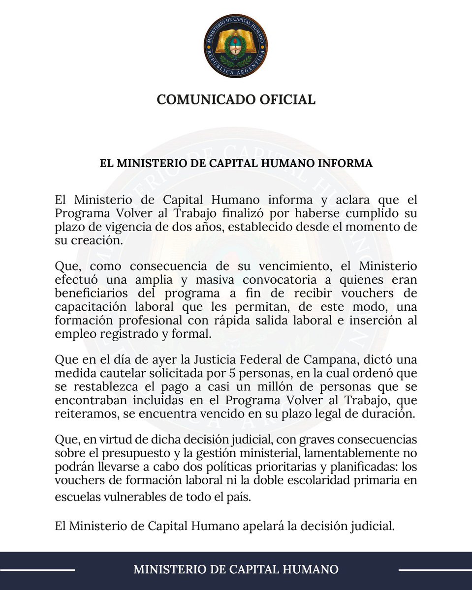 🚨 GOBIERNO NACIONAL SUSPENDE LA DOBLE ESCOLARIDAD EN ESCUELAS VULNERABLES

👨🏻‍🏫 Desde el Ministerio de Capital Humano aseguran que "no hay fondos"

⚖️ La decisión se tomó tras un dictamen de la Justicia que obliga al gobierno a cumplir la ley y seguir financiando otros programas