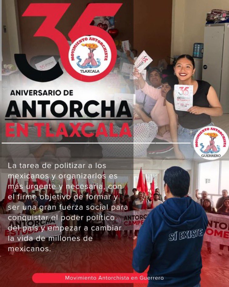 #35AñosDeLuchaOrganizada
Solo la conciencia de clase permitirá un verdadero cambio, es por eso que festejamos  y nos unimos al 35 aniversario del movimiento Antorchista en Tlaxcala.

¡Adelante compañeros!