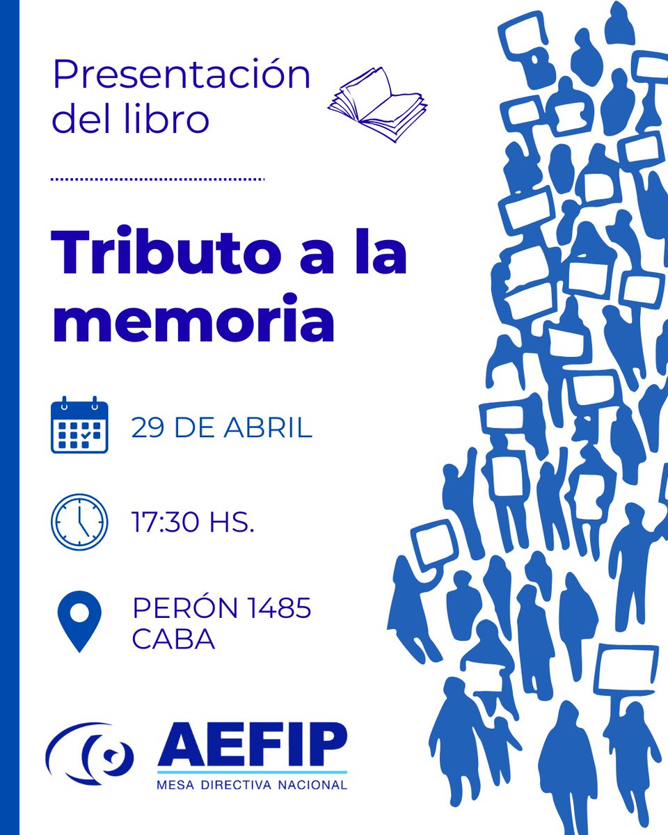 AefipM's tweet photo. Te invitamos a participar de la presentación del libro “Tributo a la Memoria. Testimonios de trabajadores impositivos y aduaneros detenidos desaparecidos” el miércoles 29 de abril a las 17:30 h en Perón 1485 CABA. https://t.co/PDo7e7u8AL