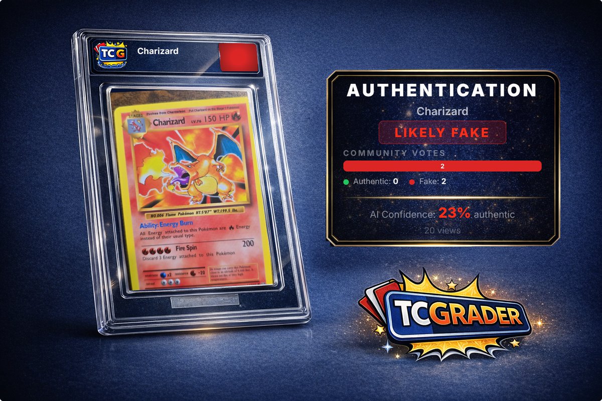TCGrader's tweet photo. An AI score of 23/100 on a Charizard. That's not even close. 🚨

https://t.co/aLYg4jVGmK

#TCGrader #CardGrading #AuthCheck #FakeOrReal #CardAuthentication https://t.co/w5eplWSQCC