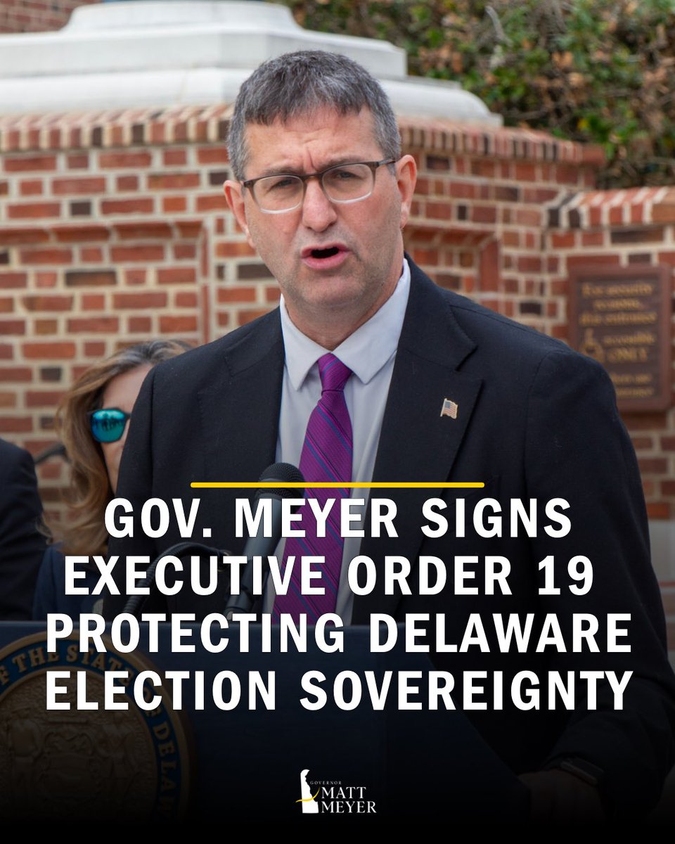 MattMeyerDE's tweet photo. The U.S. Constitution is clear: elections are run by the states, not the federal government. That’s a responsibility we take seriously in Delaware.

That’s why I signed Executive Order 19 to protect our election sovereignty and ensure our elections remain secure, fair, and trusted by the public.

If anyone tries to hijack the will of the people, we will be ready.