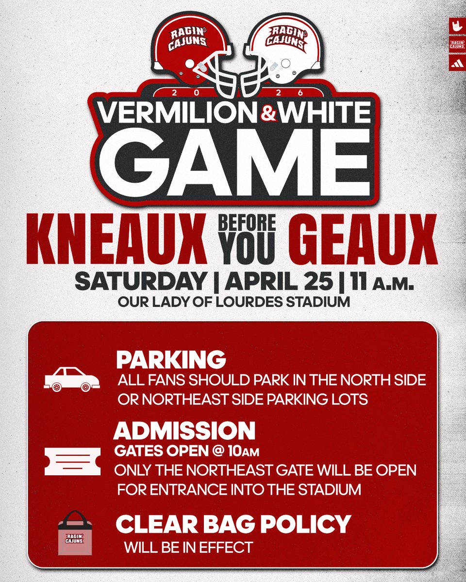 RaginCajuns's tweet image. Some things to 𝗞𝗻𝗲𝗮𝘂𝘅 𝗕𝗲𝗳𝗼𝗿𝗲 𝗬𝗼𝘂 𝗚𝗲𝗮𝘂𝘅 for Saturday's Vermilion 🔴 and White ⚪️ Spring Game at Our Lady of Lourdes Stadium 👇

#cULture | #GeauxCajuns