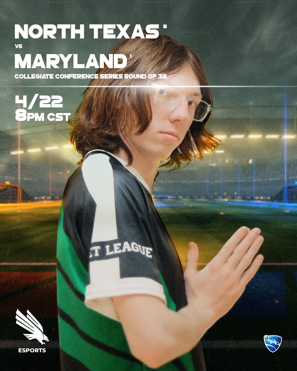 UNTEsports's tweet image. ℝ𝕆ℂ𝕂𝔼𝕋 𝕃𝔼𝔸𝔾𝕌𝔼 - ℂℂ𝕊       

To be the best you have to beat the best.

The Round of 32 of the @CollegiateCCS Championships goes on as your 8 seeded Mean Green take on 1 seed Maryland.

⚔️ Maryland
📅 April 22nd
🕑 8pm CST
📺 twitch.tv/collegiatecs

#GMG 💚🦅