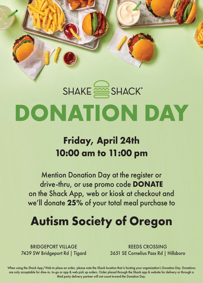 🍔💙 Eat for a Cause this Friday!

25% of every meal purchased will go directly to the Autism Society of Oregon.

Learn more about ASO here: autismsocietyoregon.org

#ASO #ShakeShack #TualatinAreaChamber