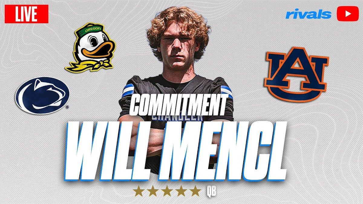 Rivals's tweet photo. LIVE COMMITMENT: 5-star QB Will Mencl is about to announce his decision on the Rivals YouTube channel📺

Who will he choose?

WATCH: https://t.co/f225GgqBOW https://t.co/beBulBDBkH