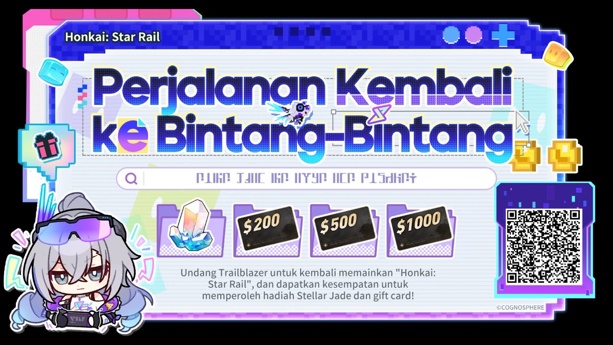 Aizardan's tweet photo. Trailblazer yang Kembali dapat menghubungkan kode undangan dan log in ke game untuk memenangkan Stellar Jade, Gift Card, dan hadiah kejutan lainnya! https://t.co/w6VvbVUu6s