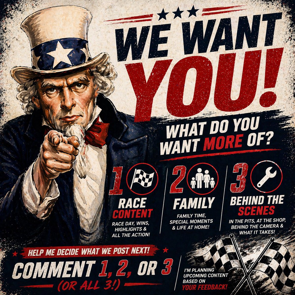 Help me out 👇

What do you want to see more of?

1️⃣ Race content
2️⃣ Family
3️⃣ Behind the scenes

Comment 1, 2, or 3 (or all of them) or something else you want to see more of! 

I’m planning upcoming posts based on what you guys want!