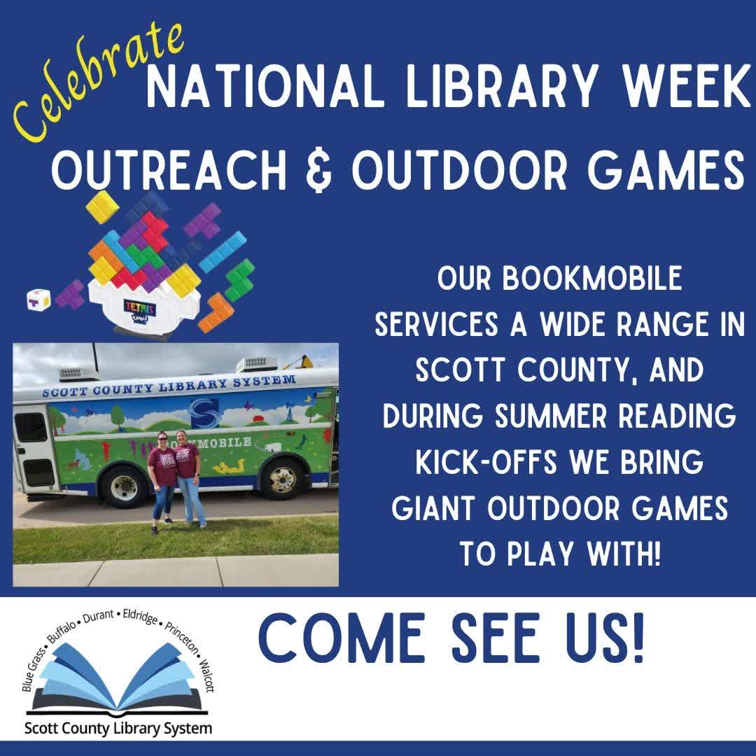 📚 Happy National Library Outreach Day! 🎉 Our beloved bookmobile is hitting the roads of Scott County, bringing books and joy to everyone! Join us for our summer kickoff parties where you can enjoy giant outdoor games from o... bit.ly/SCLBookmobile bit.ly/SCLSGiantGames