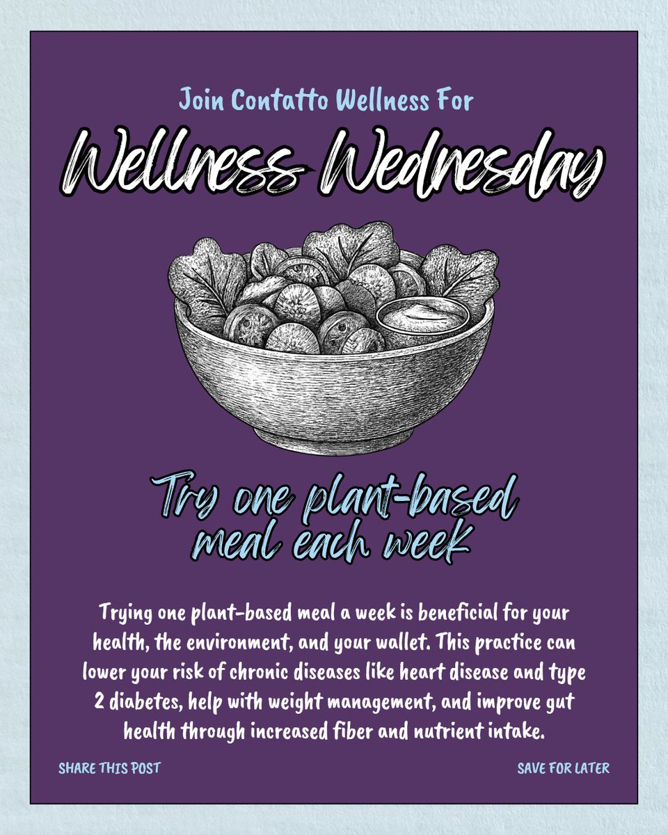 ContattoWEC's tweet image. Wellness starts with one small habit.  This week: TRY ONE PLANT-BASED MEAL!💡 

#WellnessWednesday #WellnessJourney #WellnessThatWorks #HolisticLiving #walkingaround