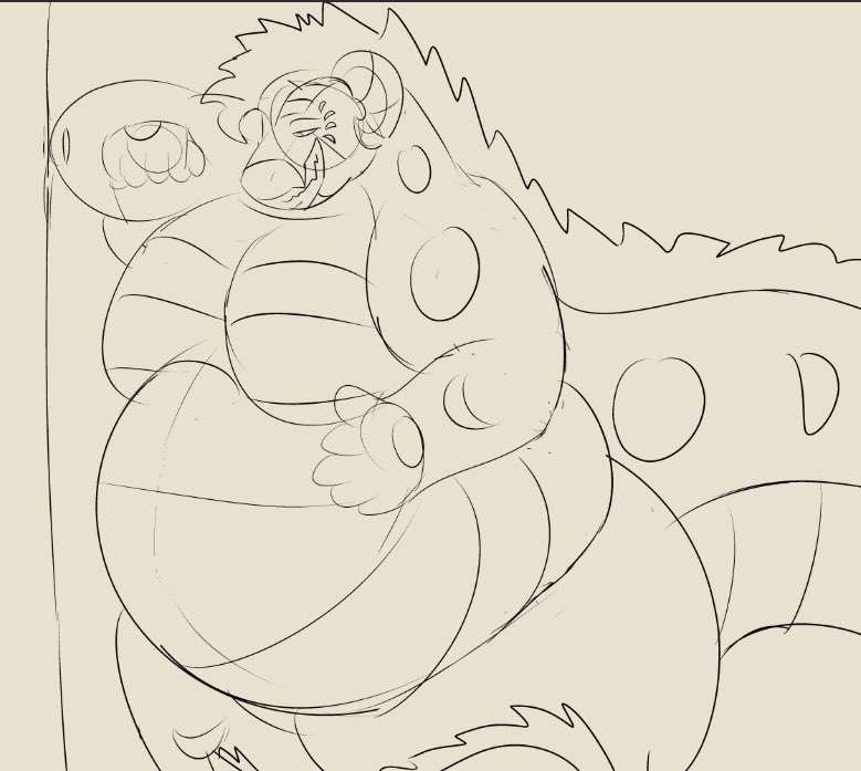 BWOOMPH! 

You were just casually eyeing a massive, 10 feet tall furnace dragon when they meet eyes with you and promptly begin showing off that belly, those soft, warm, doughy curves! Looming over you, giving you a big smirk. 

What you get for starin~