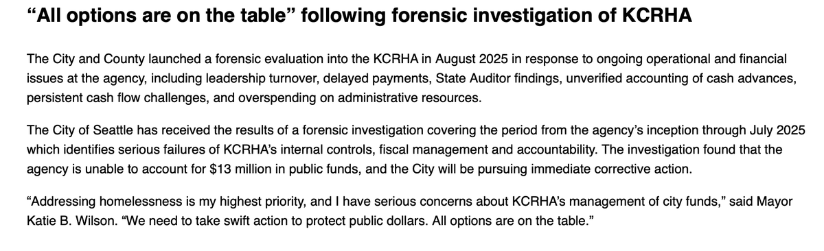 INBOX: Mayor Wilson says "all options are on the table" for taking "swift action to protect public dollars" after an investigation of King County Regional Homelessness Authority found major fiscal management failures. I've heard rumors that Seattle may divest from the agency.