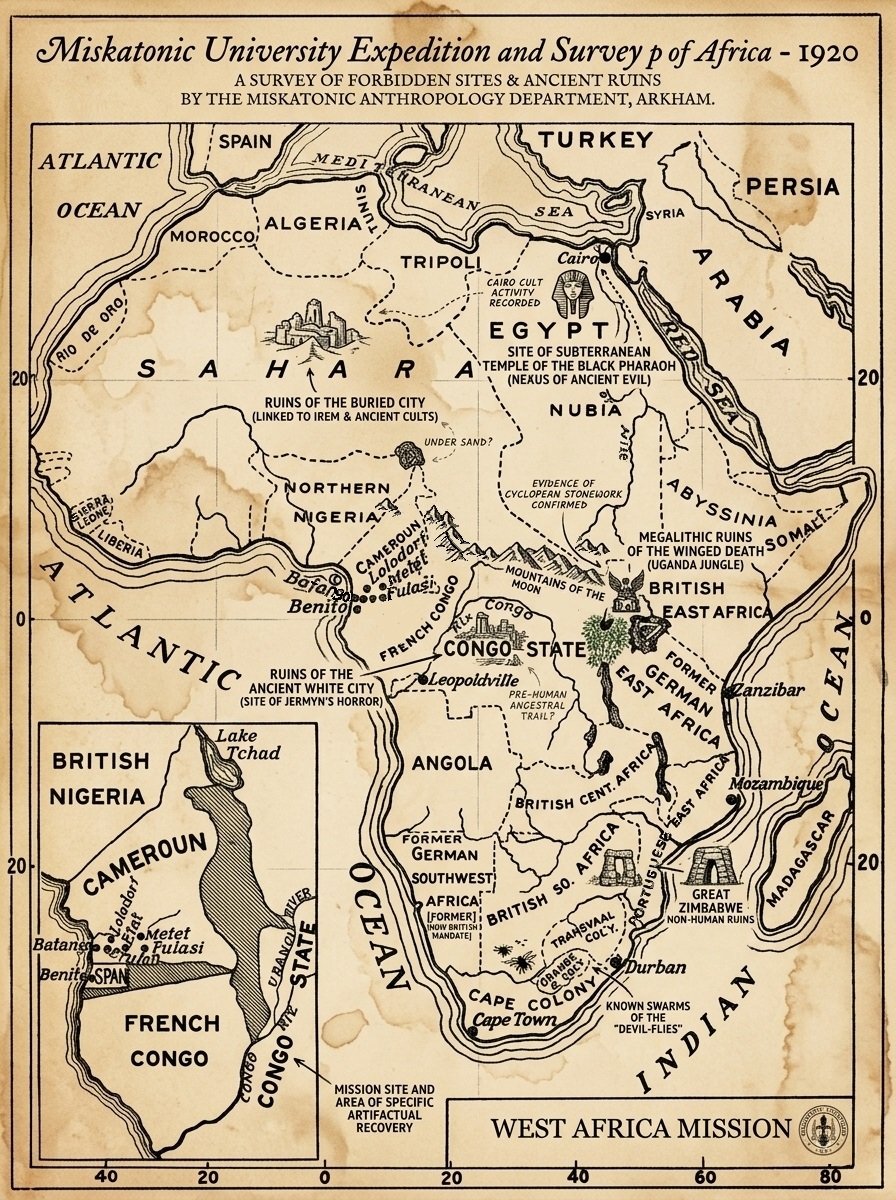 LordRWRScheiner's tweet image. MISKATONIC UNIVERSITY 
Map of Pulp Africa 
For Call of Cthulhu, Lovecraftian Roleplaying, writers, fans and enthusiasts of the weird and macabre world of cosmic horror.  #lovecraft #howard #cthulhu #miskatonic #afrika #africa #mythos #horror
