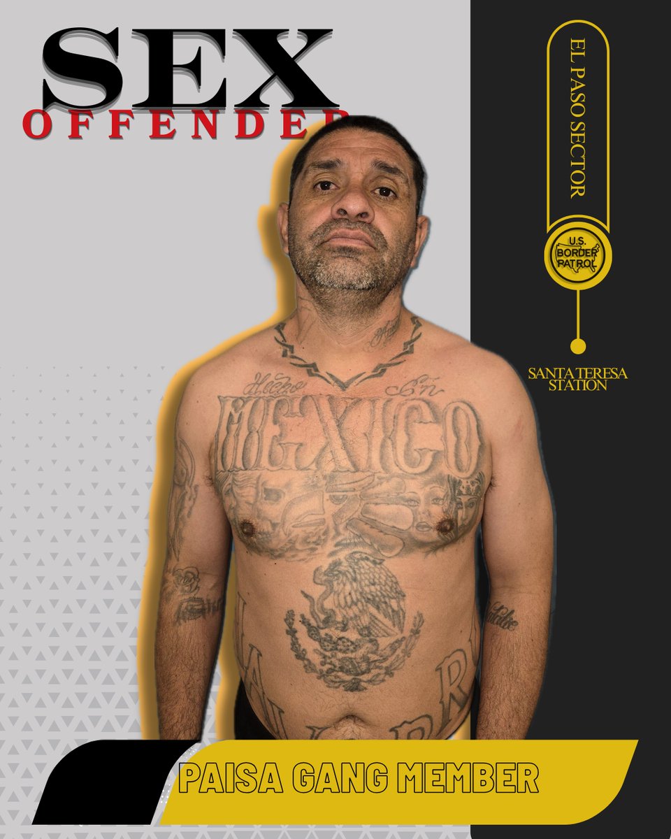 A convicted sex offender tried to sneak back into the U.S.—and got caught.
The Mexican national admitted to being an active Paisa gang member, and his record tells the rest of the story.
 
▪️ Convicted of lewd &amp; lascivious acts with a child
▪️ Failed to register as a sex offender