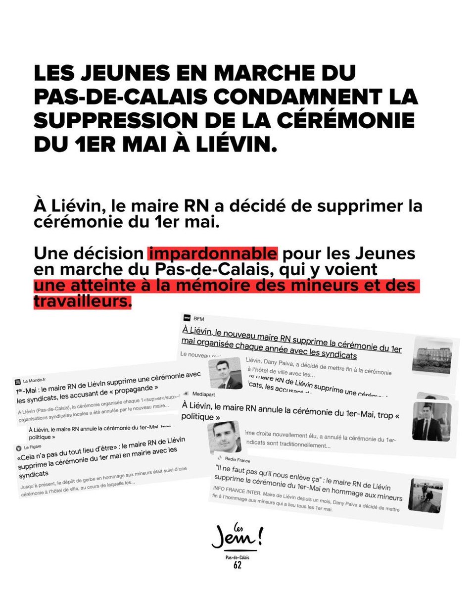 lesjem62's tweet photo. Le maire RN de Lievin supprime la cérémonie du 1er mai. 

Une décision impardonnable. Derrière les discours, certains méprisent notre histoire. Effacer la cérémonie du 1er mai, c’est nier un héritage. Nous exigeons son rétablissement. https://t.co/khMCQPwsFT