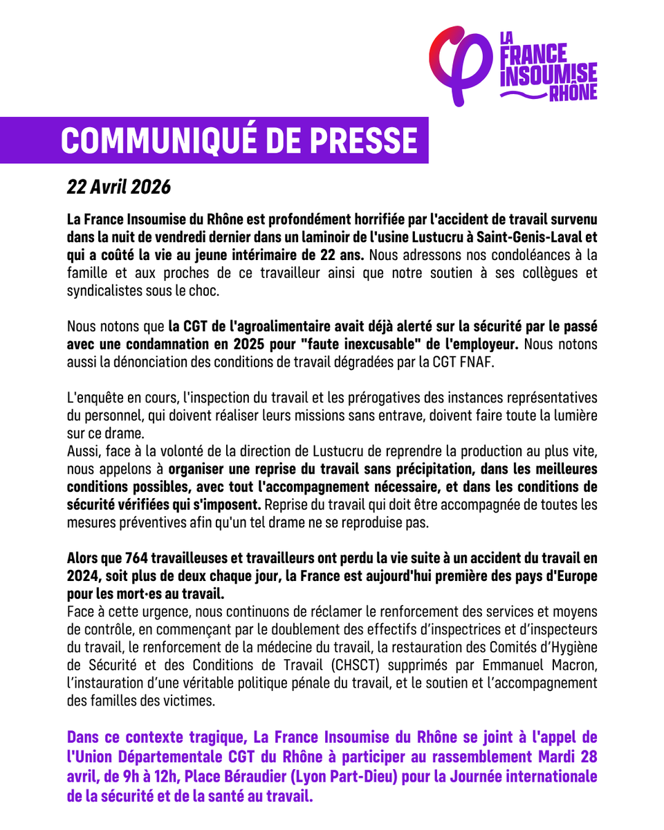 LFIRhone's tweet photo. Nous sommes profondément horrifié·es par l'accident de travail mortel de vendredi dernier à l'usine Lustucru de Saint-Genis-Laval. 

Nous adressons nos condoléances à la famille et aux proches de ce travailleur ainsi que notre soutien à ses collègues.

Notre communiqué ⬇️ https://t.co/ArjDsjZJJR