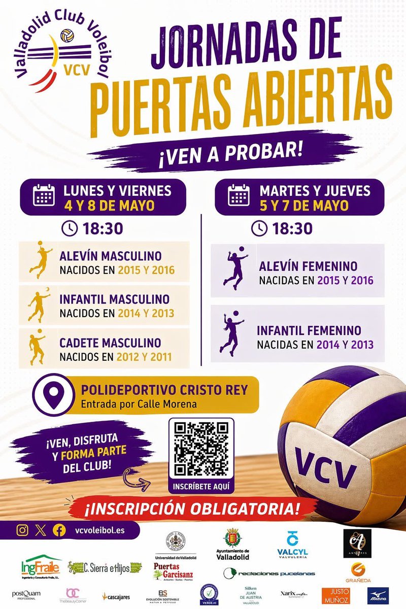 VCVoleibol's tweet photo. 🏐 Jornadas de Puertas Abiertas VCV 2026-2027
¿Quieres probar el voleibol y formar parte del Valladolid Club Voleibol?
💜💛 ¡Esta es tu oportunidad!
📅 Fechas:
🔹 Lunes 4 y viernes 8 de mayo → Masculino
Nacidos en 2011, 2012, 2013, 2014, 2015 y 2016 https://t.co/ezmd9baq0w