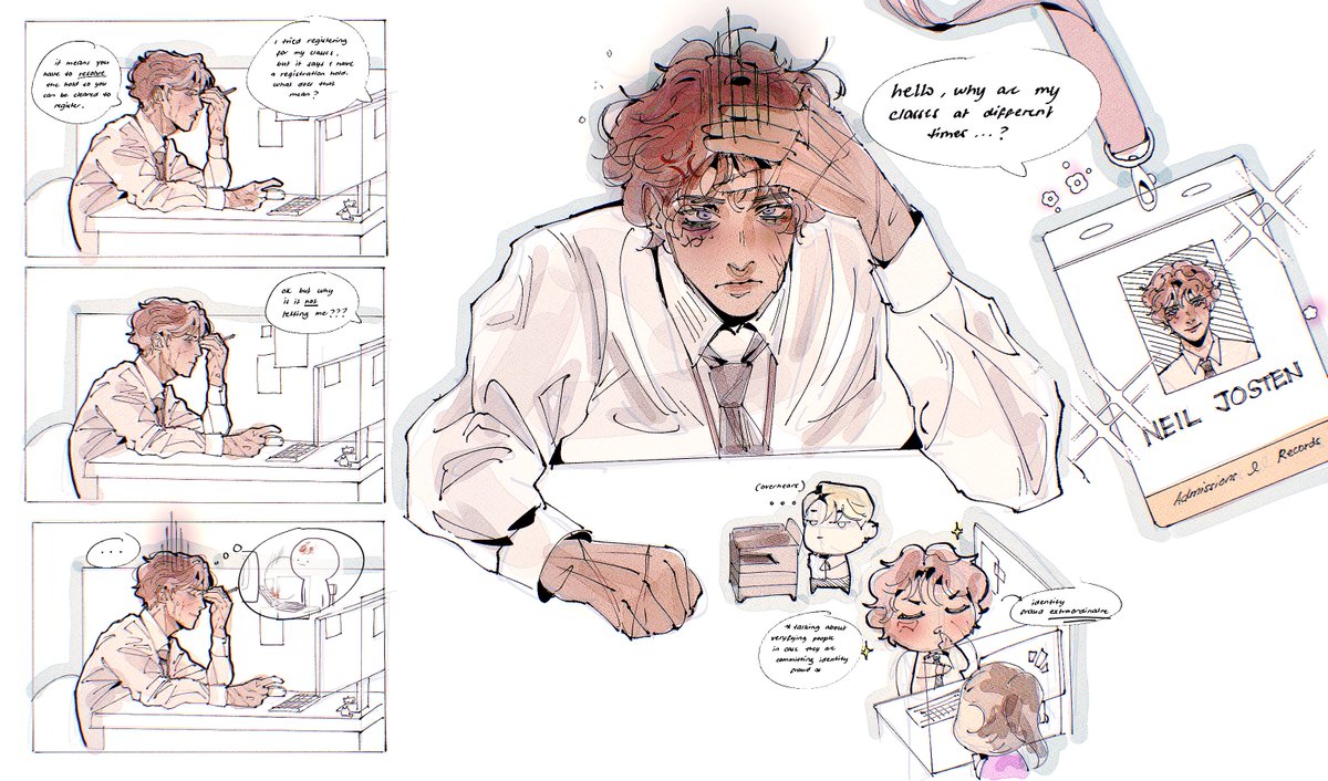 495lz's tweet image. hii i am finally on break and have enough time to make silly doodles again

ft. mar giving me the best idea of putting neil josten in another situation (working a 9-5 as an admission and records senior as someone who cant control his mouth) #aftg