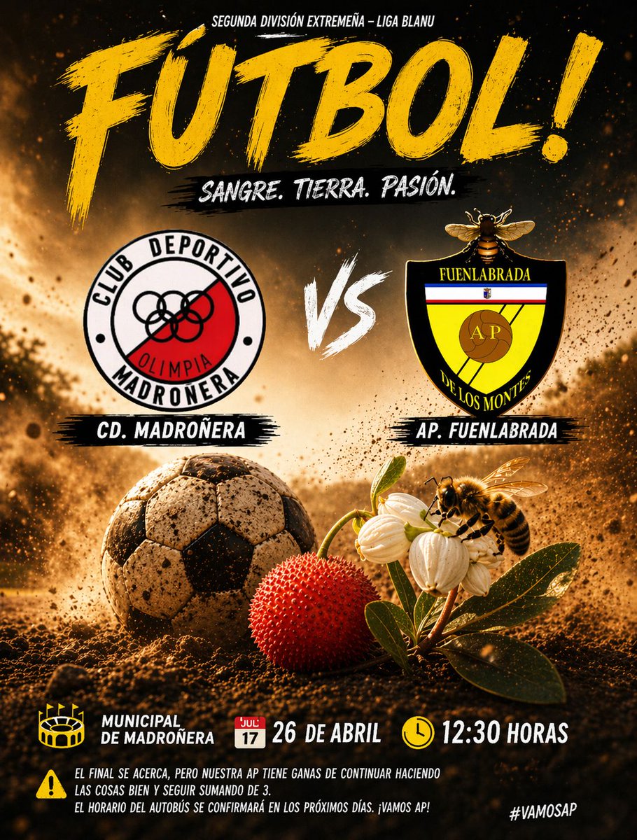 APFuenlabrada's tweet photo. Fútbol ⚽️ 

El domingo tenemos la última salida de la temporada visitandos al Madroñera Olimpia. 💪

CD Madroñera 🔴🔴 - 🟡⚫️ AP Fuenlabrada 

📅Domingo 26
⌚️12:30
🏟️ Municipal de Madroñera 

💛🖤💛🖤

#vamosAP https://t.co/geVLWxhGZ1