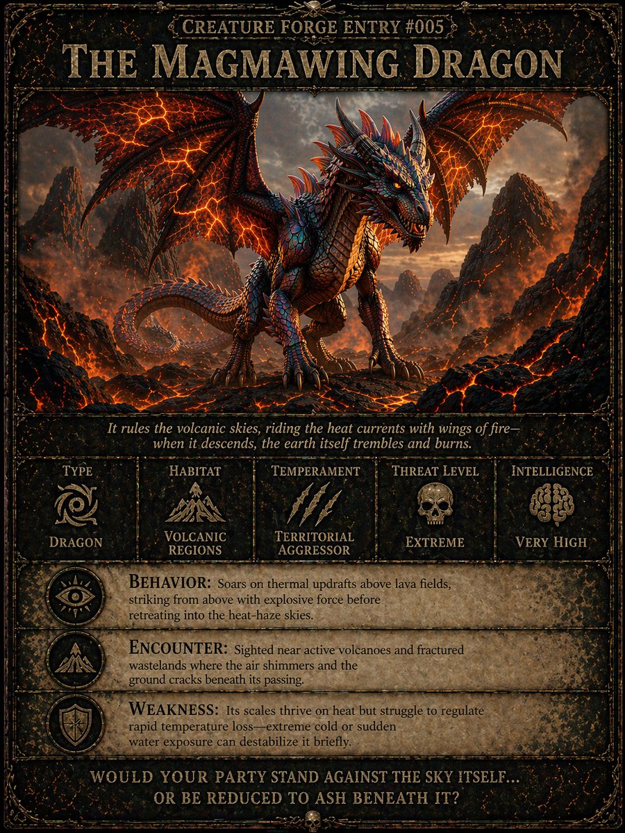 Grace_Inkworks's tweet photo. Creature Forge Entry #005 — The Magmawing Dragon

It rules the volcanic skies, riding the heat currents with wings of fire—when it descends, the earth itself trembles and burns.

Type: Dragon
 Habitat: Volcanic Regions
 Temperament: Territorial Aggressor
 Threat Level: Extreme
 Intelligence: Very High

Behavior: Soars on thermal updrafts above lava fields, striking from above with explosive force before retreating into the heat-haze skies.

Encounter: Sighted near active volcanoes and fractured wastelands where the air shimmers and the ground cracks beneath its passing.

Weakness: Its scales thrive on heat but struggle to regulate rapid temperature loss—extreme cold or sudden water exposure can destabilize it briefly.

Would your party stand against the sky itself… or be reduced to ash beneath it?

#worldbuilding #dnd #ttrpg #fantasyart
