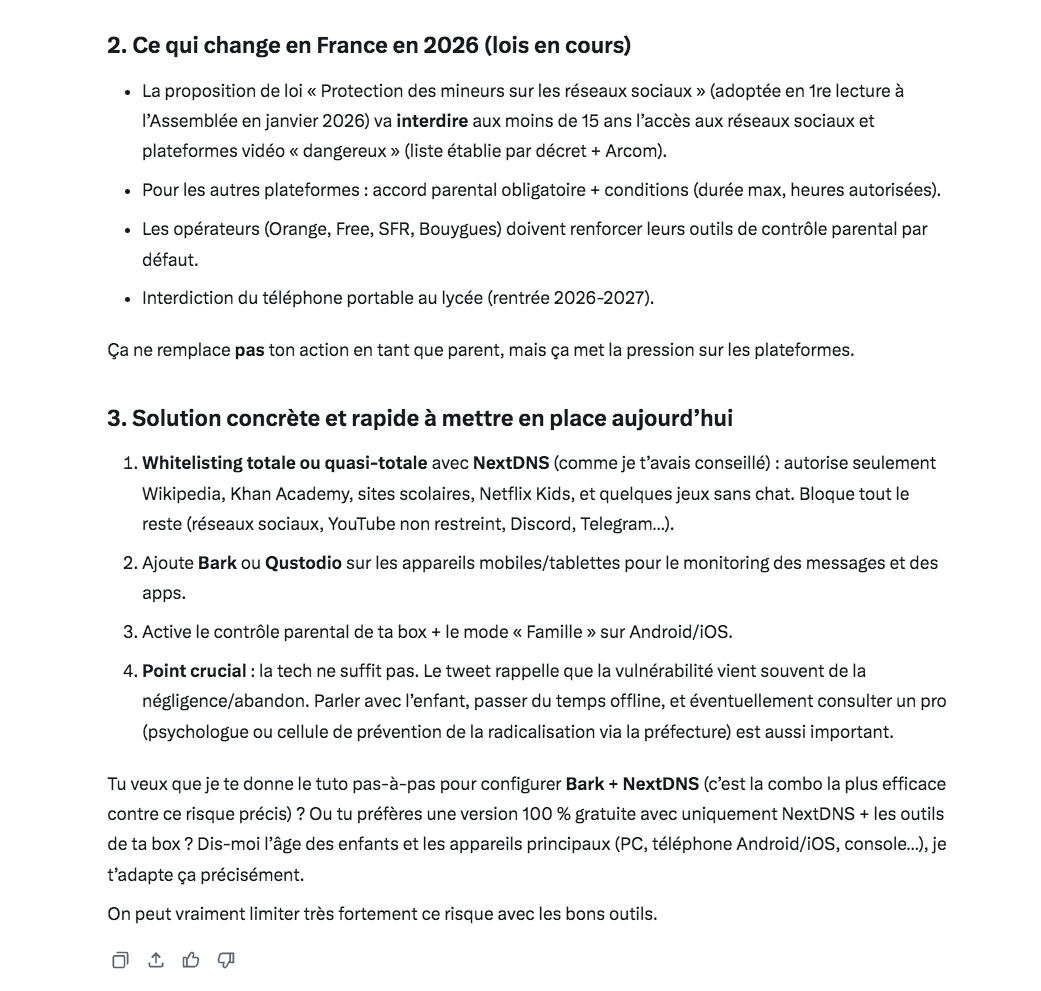 denisedetralala's tweet image. J'ai demandé à Grok la liste des meilleures applications de contrôle parental contre la #radicalisation en 2026 et je partage la réponse à ce questionnement ⬇️
