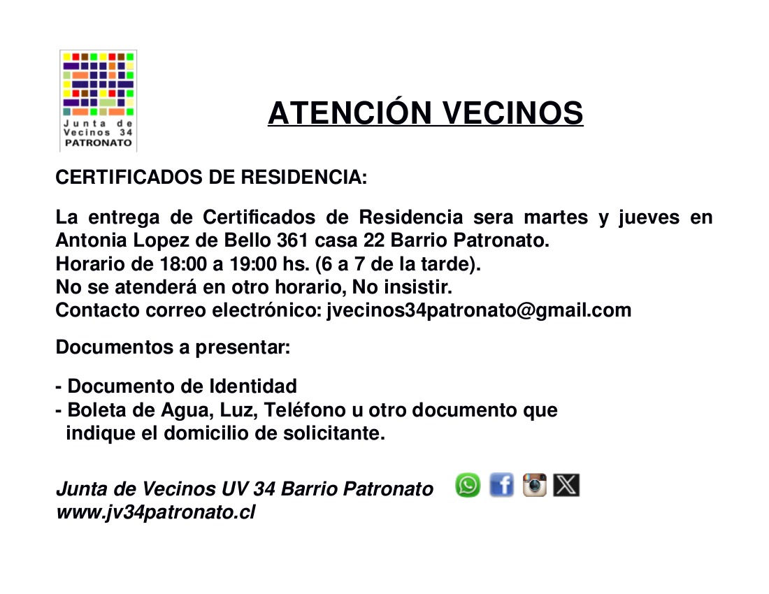 jvecpatronato's tweet photo. Se informa que la entrega de Certificados de Residencia a vecinos del barrio Patronato será en los días y horarios indicados más abajo. https://t.co/4y0M1yrW4H