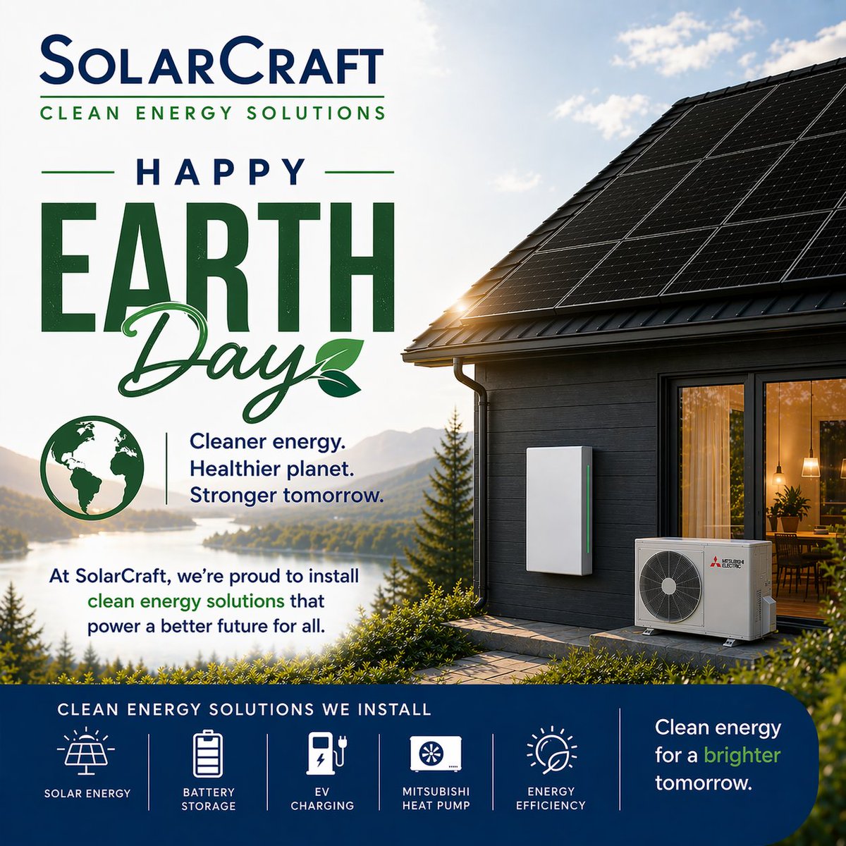 SolarCraft's tweet photo. Celebrate Earth Day by investing in your future.  Solar, battery storage, efficient heat pump heating &amp; A/C and EV charging —SolarCraft has you covered.  https://t.co/rhh04zKMRF
Let’s make every day Earth Day.
#EarthDay #RenewableEnergy #SolarCraft #EnergyIndependence https://t.co/fryC2wG1ZE