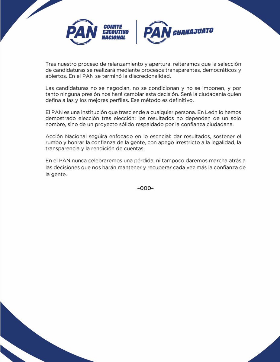 El PAN, lamenta la salida de la alcaldesa Alejandra Gutiérrez, respeta su decisión y rechaza señalamientos en su contra, asegurando que sí hubo diálogo previo. Reafirma que la selección de candidaturas será mediante procesos transparentes y sin imposiciones, subraya que el