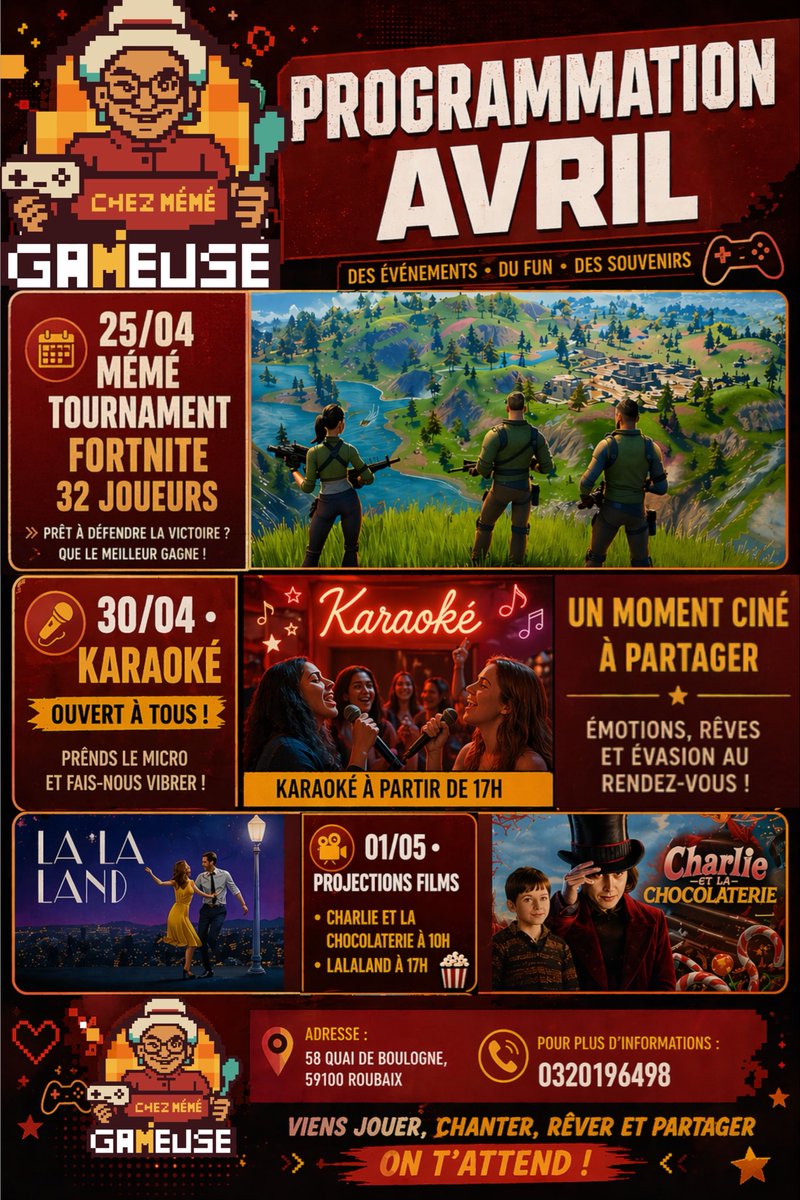 wearesportcube's tweet photo. La programmation du moi d’Avril de Mémé

👉Samedi 25 Avril: Fortnite 🗺️
👉JEUDI 30 Avril: soirée KARAOKÉ 🎤 
👉VENDREDI 1 Mai: Journée Cinéma 🎦 

#fortnite #sportcube #esport #karaoke #lille #chezmemegameuse #roubaix https://t.co/MTq4uuR5al