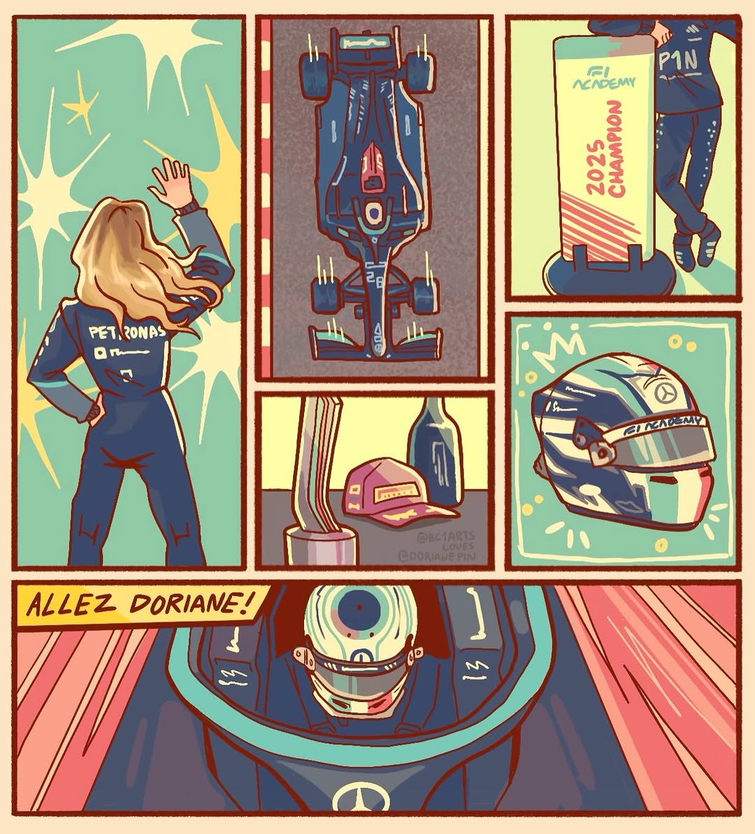 f1academy's tweet photo. We were blown away by the way Doriane’s F1 test inspired you all to get creative 🤩 🎨 

Thank you to our talented community 👇 
1: @lozzytabrias
2: @bc1arts
3: sv5.artworks on IG 
4: @gurrango

#F1ACADEMY https://t.co/bCvHgTJU84