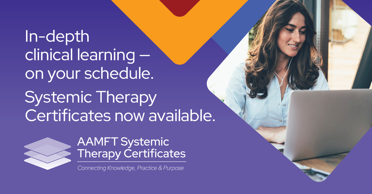 TheAAMFT's tweet image. CE should do more than check a box—it should change your sessions.  Our Systemic Therapy Certificates are built for real-world application with individuals, couples, and families. 
Aamft.org/certificates 
 #AAMFT #therapy #familytherapy #mentalhealth #clinicians #therapist