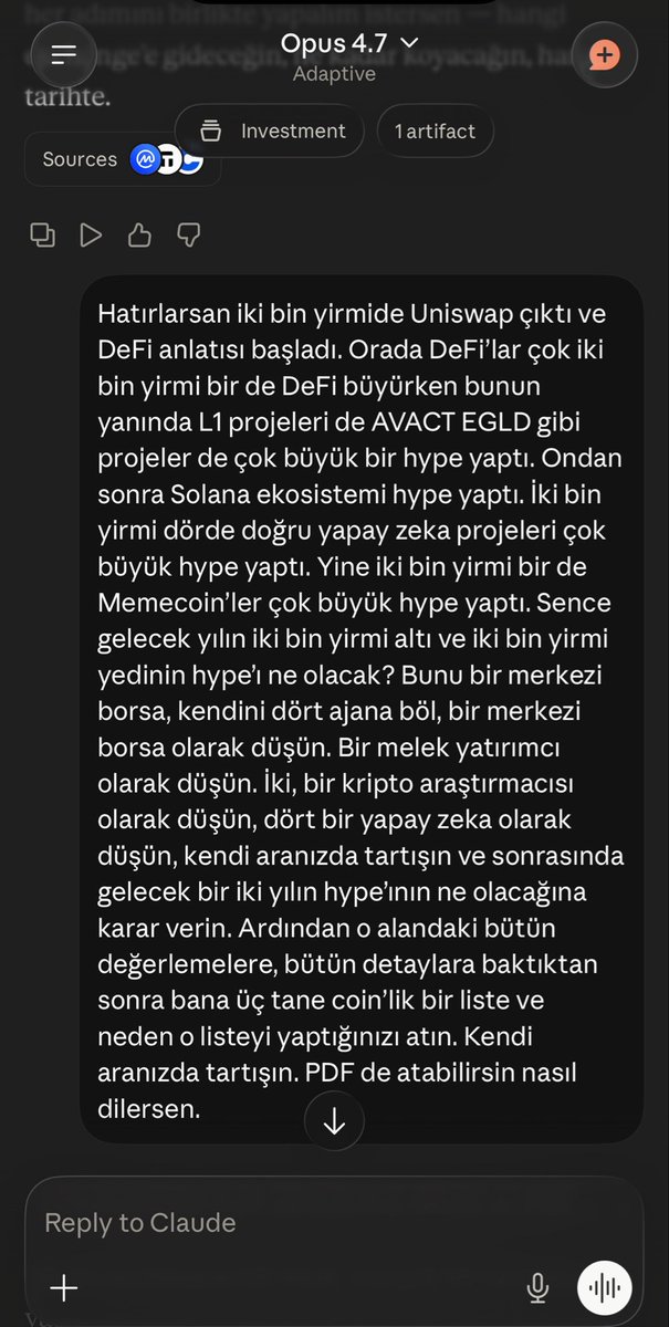 kriptokraliyeni's tweet photo. Claude’u 4 ajana böldüm.

Melek kripto yatırımcı
kripto araştırmacısı, 
Merkezi borsada yetkili  ve yapay zeka olarak onlara birçok görev verdim ve tartıştılar. 

Bunların sonucunda kriptoda yapılabilecek en iyi yatırımları listeledim, saatlerce araştırmam yapay zekalar sayesinde aşırı verimli oluyor.

Sonunda o istediğimiz projeyi de bulduk.

İlk YAPAY ZEKA dalgası 2024’de geldi ve $RENDER $IO $FET gibi birçok proje yatırımcısını zengin etti.

Claude ile anlaşmaya vardığımız nokta YAPAY ZEKA 2.0 projelerinin ileride boğaya gireceği.

Ben saatlerce konuşarak, araştırarak sonunda bu potansiyele sahip bir proje buldum.

Yıllık geliri 160 Milyon$ olmasına rağmen piyasa değeri 110 milyon$ olan bir YAPAY ZEKA projesi.

Çok güzel bir sunum hazırlayacağım, tek isteğim herkes buradaysa bir beğenin göreyim.