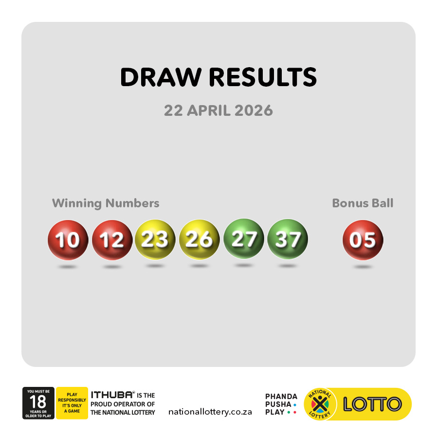 sa_lottery's tweet image. #DrawResults for 22/04/26 are:
 
#LOTTO: 10, 12, 23, 26, 27, 37
#B: 05 
#LOTTOPLUS1: 20, 26, 32, 48, 50, 57
#B: 34
#LOTTOPLUS2: 09, 20, 23, 27, 41, 57
#B: 01

Players must be 18 years or older, play responsibly. ITHUBA is the proud operator of the National Lottery.