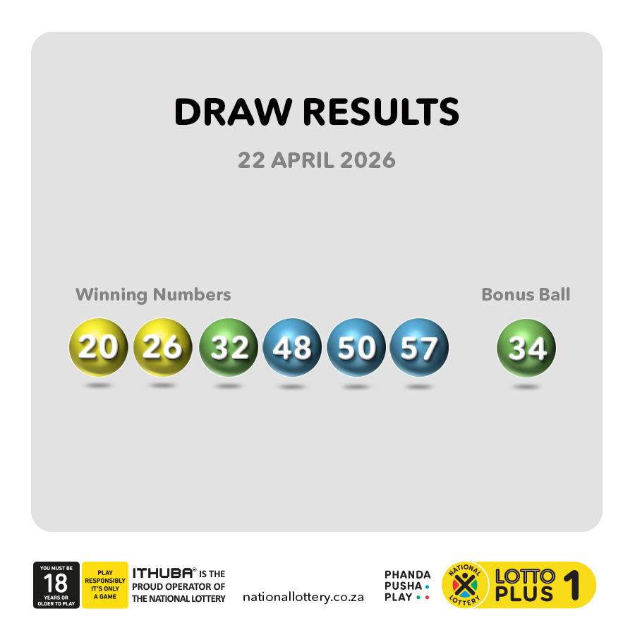 sa_lottery's tweet image. #DrawResults for 22/04/26 are:
 
#LOTTO: 10, 12, 23, 26, 27, 37
#B: 05 
#LOTTOPLUS1: 20, 26, 32, 48, 50, 57
#B: 34
#LOTTOPLUS2: 09, 20, 23, 27, 41, 57
#B: 01

Players must be 18 years or older, play responsibly. ITHUBA is the proud operator of the National Lottery.