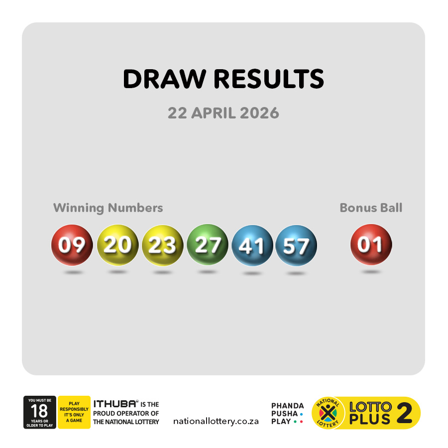 sa_lottery's tweet image. #DrawResults for 22/04/26 are:
 
#LOTTO: 10, 12, 23, 26, 27, 37
#B: 05 
#LOTTOPLUS1: 20, 26, 32, 48, 50, 57
#B: 34
#LOTTOPLUS2: 09, 20, 23, 27, 41, 57
#B: 01

Players must be 18 years or older, play responsibly. ITHUBA is the proud operator of the National Lottery.