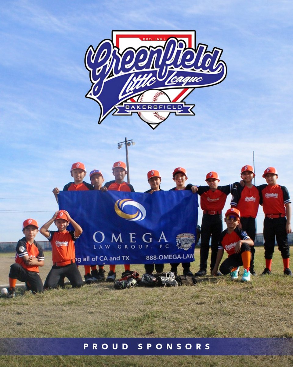 OmegaLawGroup's tweet photo. Proud to support the next generation on and off the field ⚾ We’re honored to be proud sponsors of Greenfield Little League in Bakersfield and to cheer on these young athletes! Wishing the team a successful season ahead!  #sponsorship  #communitysupport #giveback #personalinjury https://t.co/T9l6sXnxt7