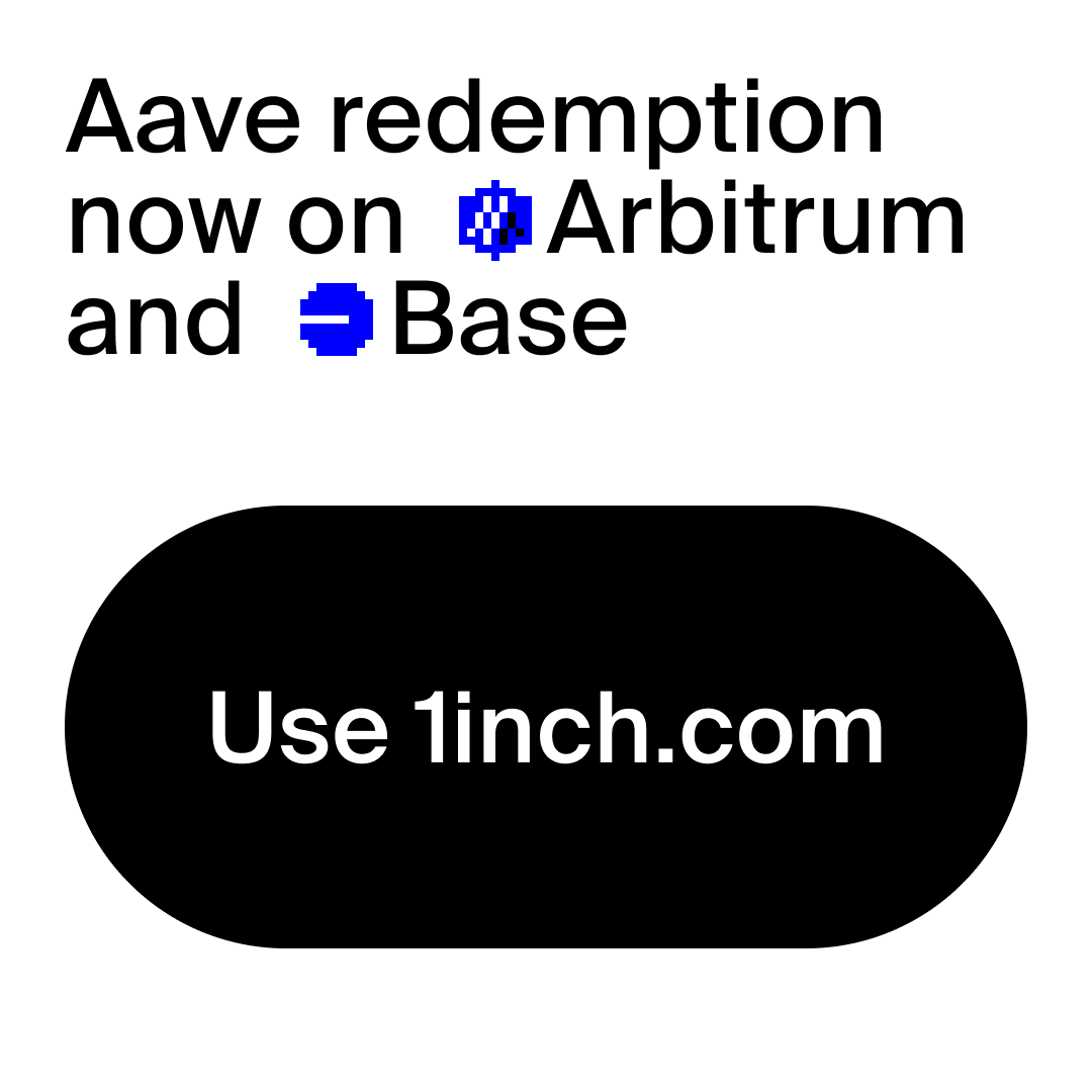 1inch's tweet photo. Still stuck in Aave’s WETH pool on Arbitrum or Base?

We've got you. Working with @0xFluid, we have now extended redemption from Aave WETH to a range of tokens, on both networks.  

One click for the best execution - and no Umbrella wait https://t.co/mAEIMo4bbr