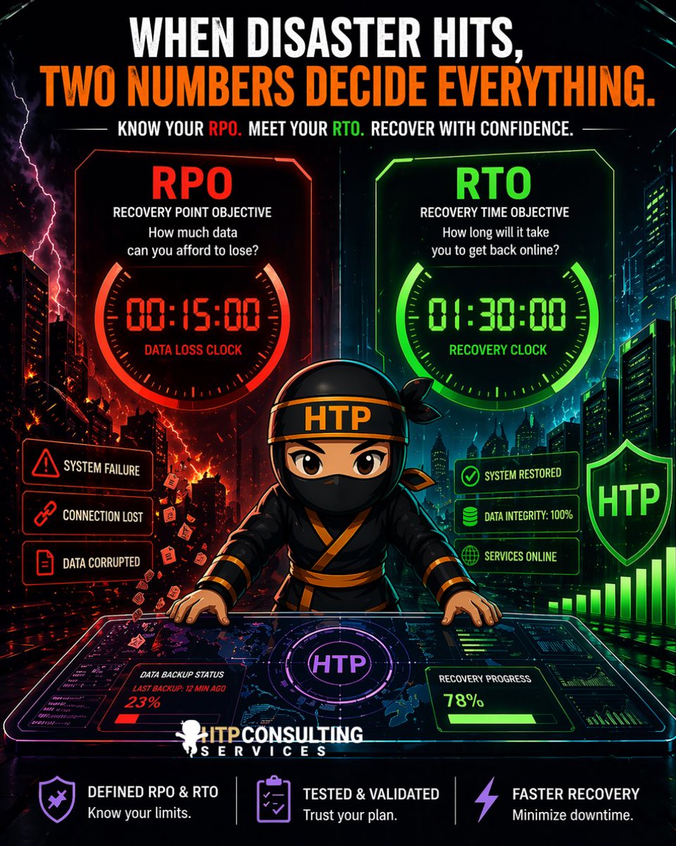 HTPCS_Ninjas's tweet photo. When systems fail, two metrics matter:

RPO = how much data you lose
RTO = how long you’re down

If you don’t know both, you don’t have a recovery plan—you have a risk.

HTP Consulting helps you minimize downtime and data loss before disaster hits.

#StayReady #MSP #Database https://t.co/2KHe5heJH8