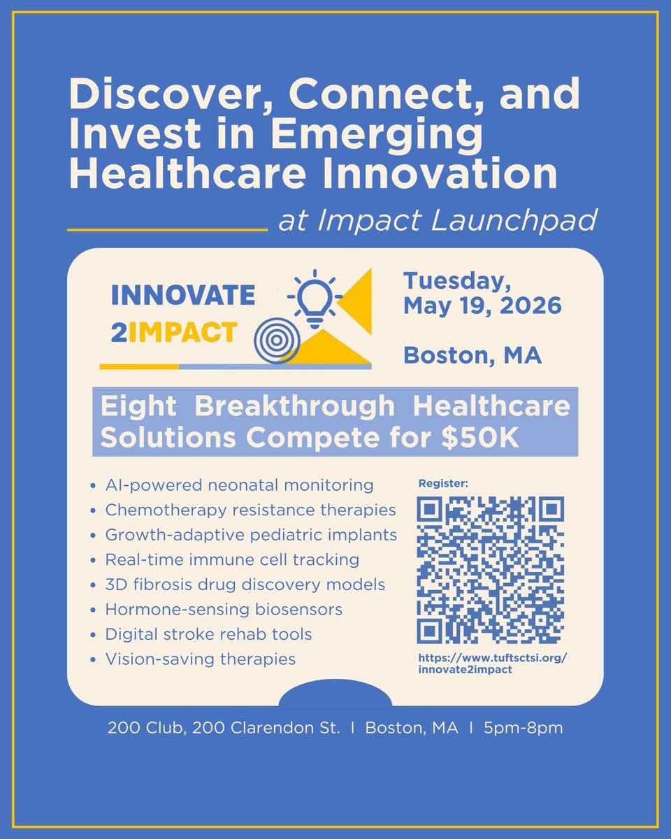 tuftsctsi's tweet photo. 📣 Our Impact Launchpad Pitch Competition is now four weeks away! We look forward to seeing you on Tuesday, May 19 (5:00PM–8:00 PM).

🥇 Eight selected pitches will compete for $50K in funding.

📍 The 200 Club
200 Clarendon | Boston, MA
5:00PM-8:00PM

https://t.co/P9G8u5ulNn https://t.co/Al6FbuOJRN