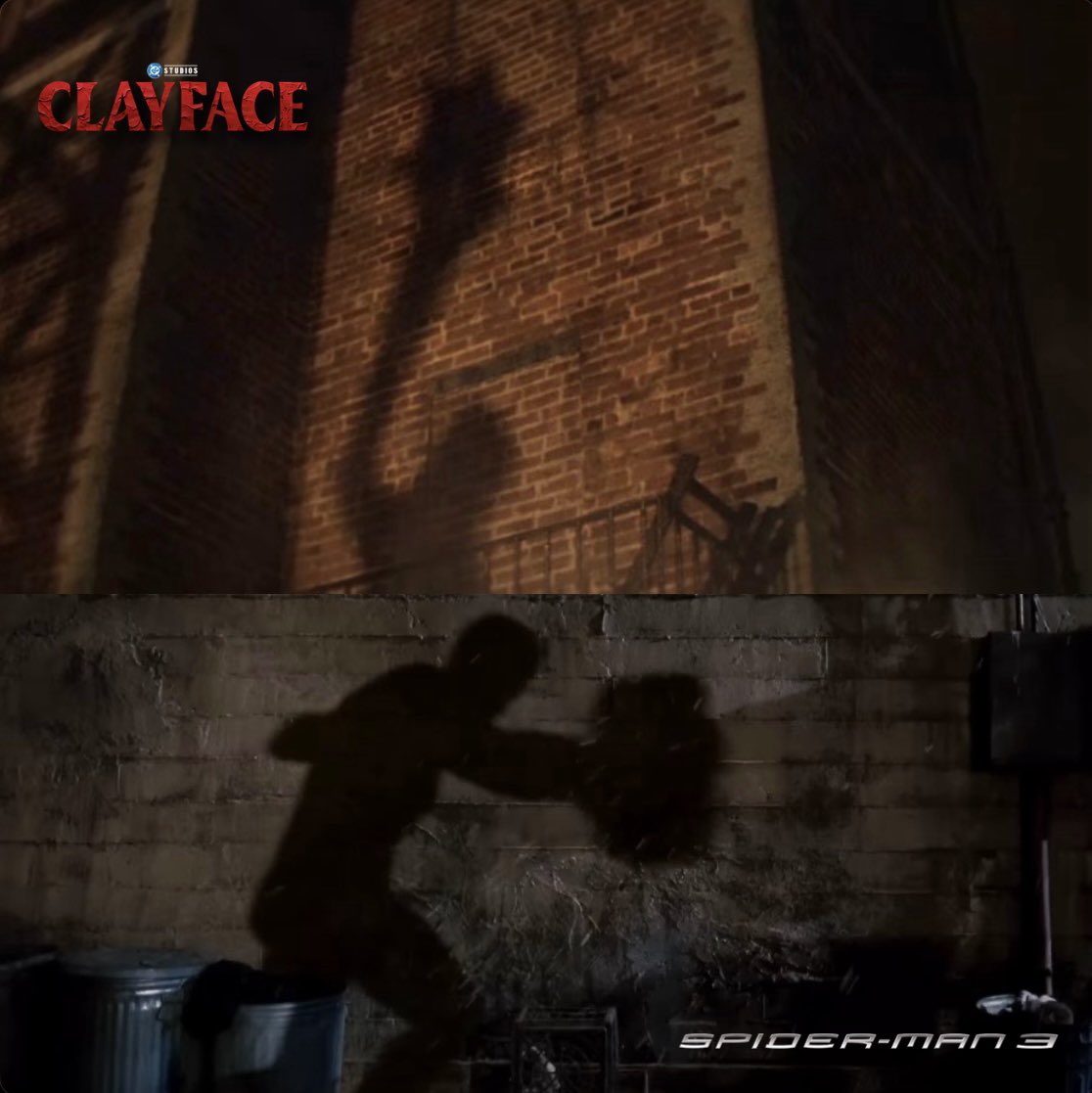 NateWithTakes's tweet photo. Can’t unsee how similar this Clayface trailer shot is to Spider-Man 3 https://t.co/uS2UJwp9ZC