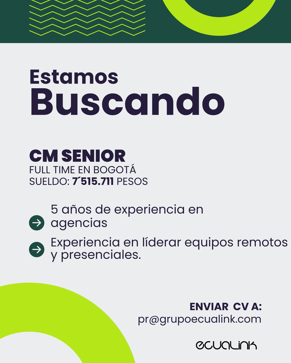 GrupoEcuaLink's tweet photo. 🚀 Estamos contratando CM Senior en Bogotá

¿Tienes +5 años en agencias y liderando equipos? Este reto es para ti.

💰 Salario competitivo
📩 Postula ahora: pr@grupoecualink.com

#MarketingDigital #CommunityManager #Hiring https://t.co/MtBWoZTb7v