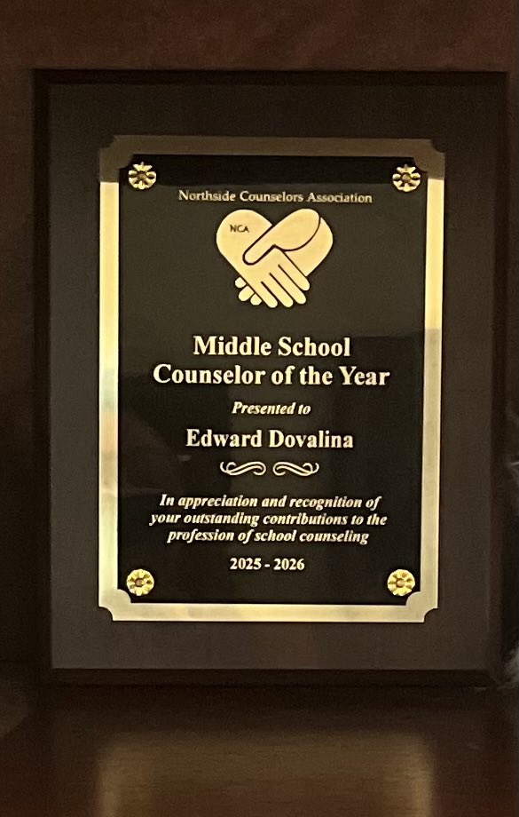 LazoNISD's tweet photo. HUGE Congrats to our @NISDJones @NISDJonesSTEM Counselor, Edward Dovalina, for being named the Northside Middle School Counselor of the Year!  We are so proud and happy he is here for our students and community.  He’s Amazing! @AJCounselors @NISD https://t.co/HV0zHuKHGY