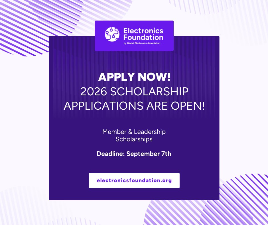 Applications are open for the 2026 Electronics Foundation Member Scholarship and Leadership Award. Students pursuing careers in electronics are encouraged to apply.

Nominations are also open for the Michael V. Carano Teacher Excellence Award.

Learn more on our website.