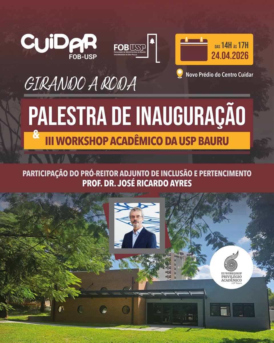 fobuspoficial's tweet photo. ⚠️Inauguração do Centro Cuidar da USP Bauru / Palestra de abertura do III Workshop Acadêmico‼️

🔗 Inscrições: https://t.co/MDhAjaOvri

.
.

Edição e divulgação: Alexandre A. P. Montilha / Camia Medina

#fobusp #uspbauru #pripusp #workshop #inclusaoepertencimento https://t.co/aJhlGOSOay