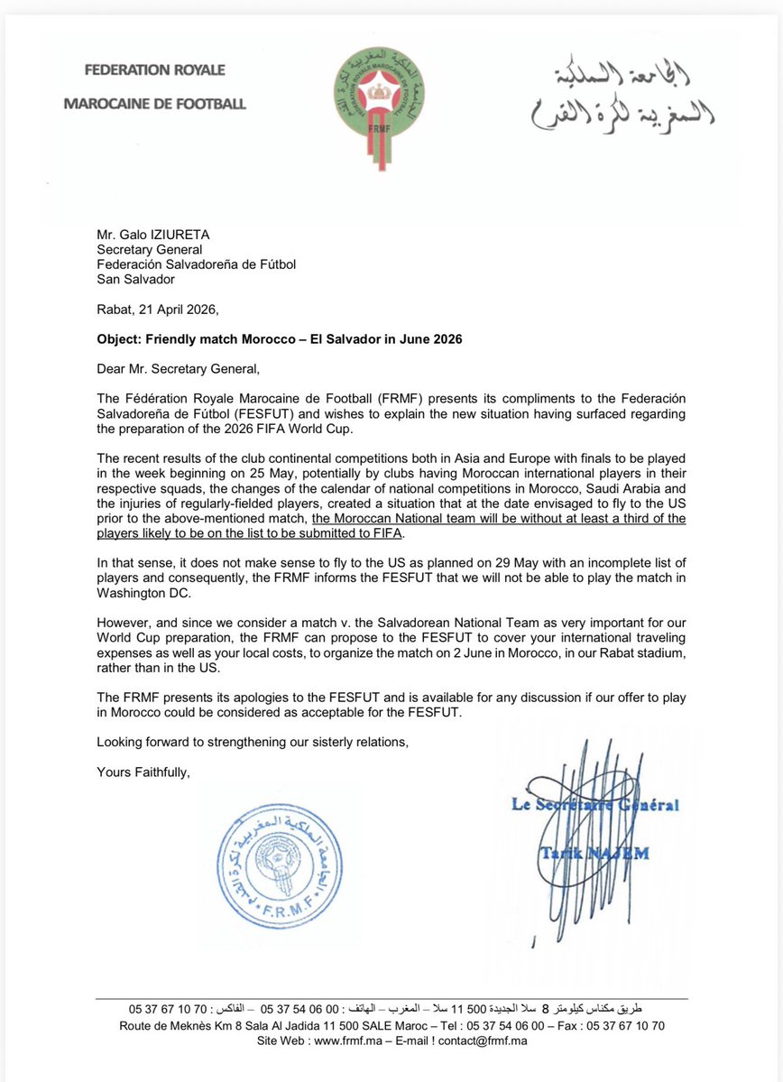 🚨 INFORMACIÓN IMPORTANTE!

A la afición y a la prensa deportiva queremos informar que:
1. Recibimos correspondencia oficial de la Real Federación Marroquí de Fútbol, notificándonos que, para el juego ante El Salvador, programado para el 3 de junio en Maryland, EUA, no podrían