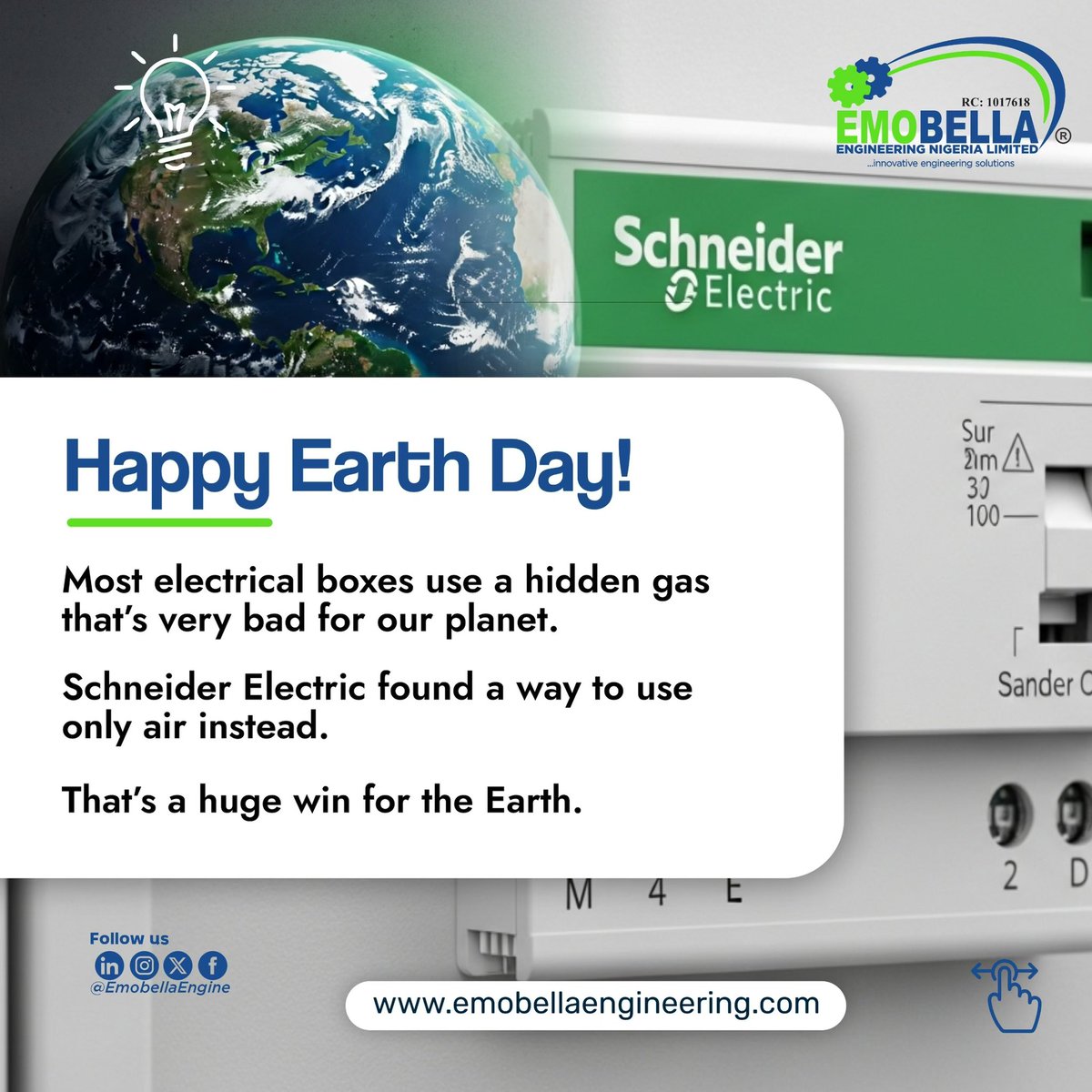 emobellaengine's tweet photo. Happy Earth Day 🌍

Most electrical boxes use a super harmful gas.
Schneider Electric's AirSeT replaces it with… plain air.

That's it. Air. No hidden danger.

Already removed 1.7 million tons of bad stuff.

Simple, right? 💚

#EarthDay #emobellaengineering #SchneiderElectric https://t.co/S4oxm4ul1d