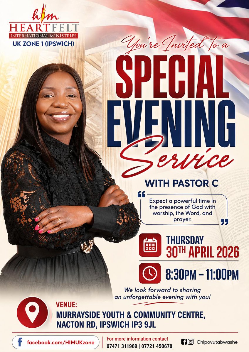 T_Vutabwashe's tweet photo. UK family, take note, on the 30th of April in Ipswich, Pastor C will be ministering.

I have seen and I know the grace she carries. When she stands, the Holy Spirit moves with precision.

To our Zimbabwean family in the UK and all who can attend, this is not an ordinary evening. Expect a marvelous time in the presence of the Holy Ghost!