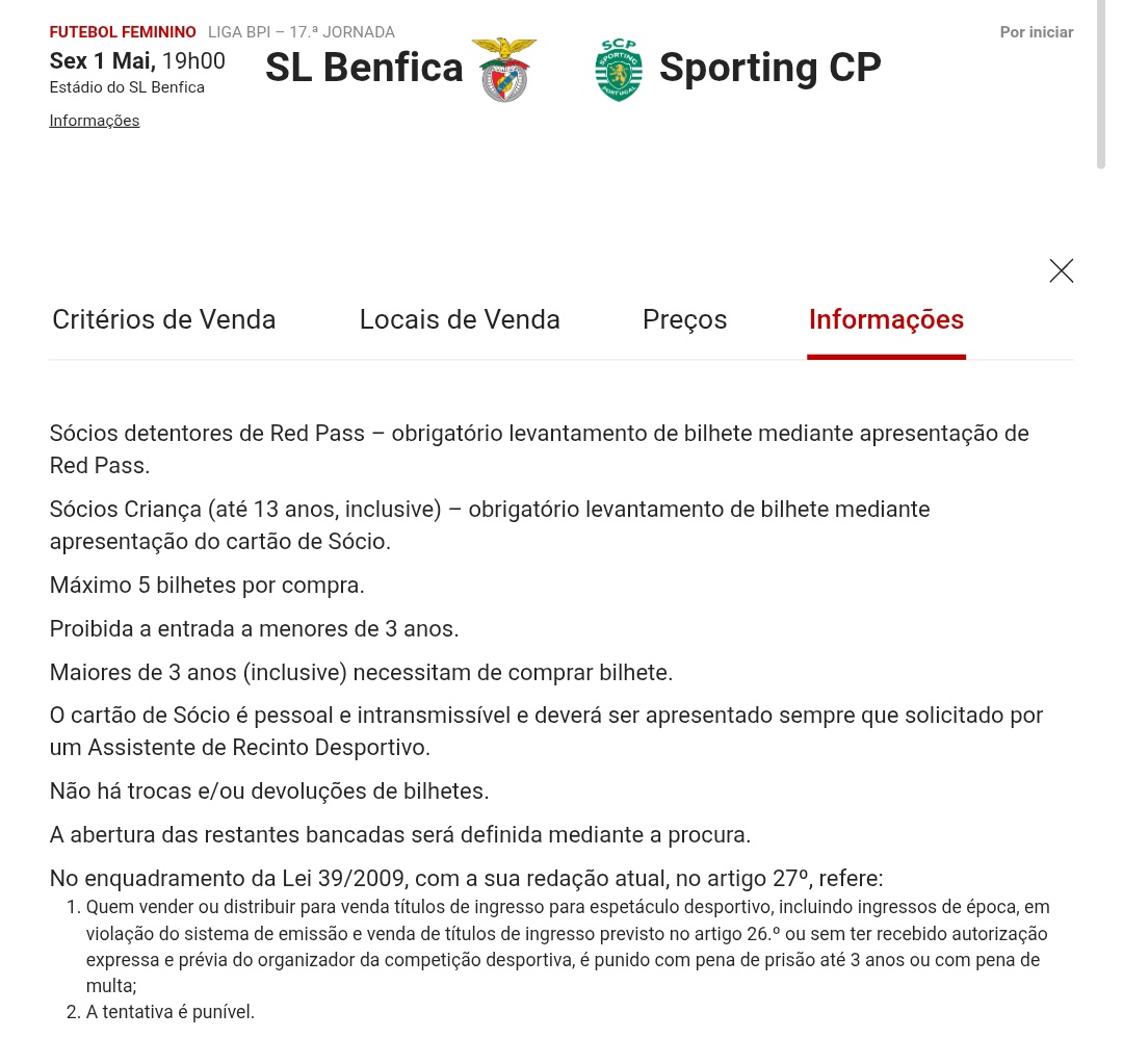 🚨 BILHETES: BENFICA x Sporting 🚨
- FEMININO - 

🗓 Sex, 1Maio
🕗 19h 
🏟 Estádio da Luz 

🎟️🎟️ À VENDA DIA 23 às 15h 🎟️🎟️

ℹ️ GRATUITO mediante 'compra':
-Detentores de Red Pass 
- Sócio Criança (3 aos 13 anos) 

⚠️ Critérios de venda + Preços ⤵️: